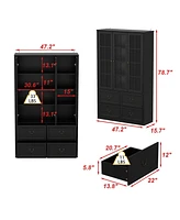 Famapy Grey Wood Bookcase With Tempered Glass Doors and 6-Drawers