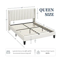 Yaheetech Queen Upholstered Bed Frame with Wing Side, Platform Bed Frame with Channel Headboard, Mattress Foundation with Wood Slat Support, Beige