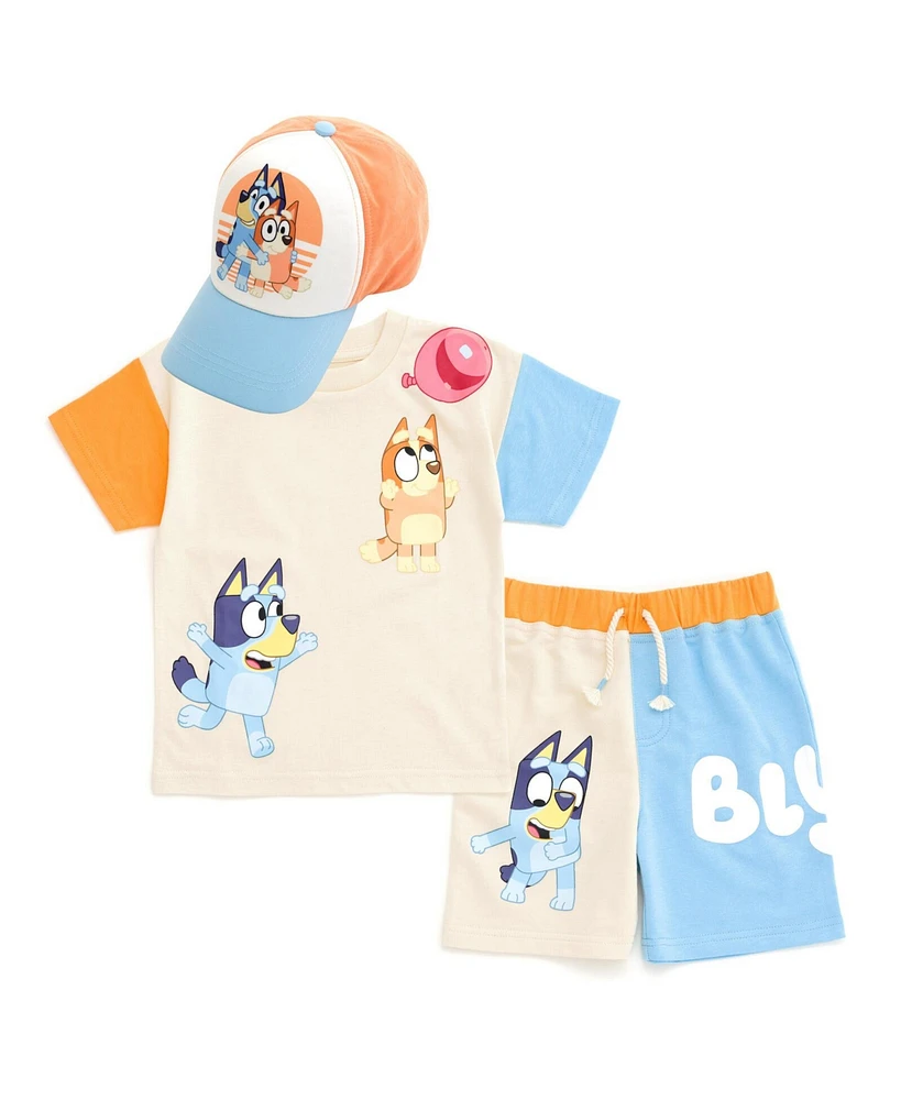 Bluey Boys Drop Shoulder T-Shirt French Terry Shorts and Adjustable Snapback Baseball Cap 3 Piece Outfit Set to