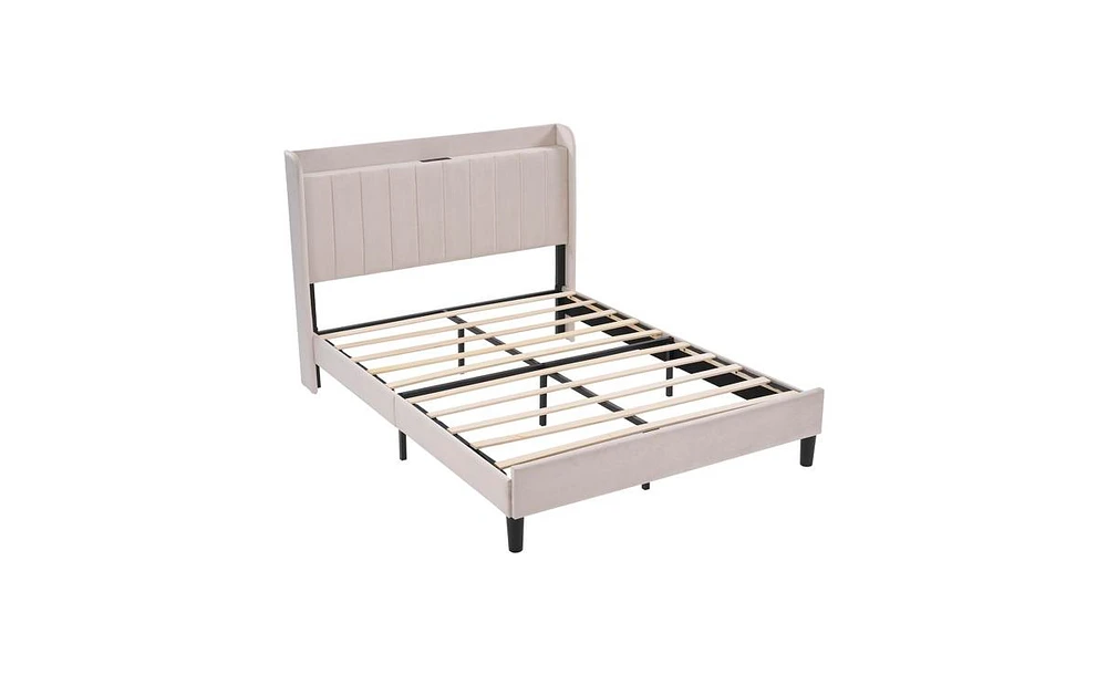 Slickblue Queen Size Velvet Bed Frame with Charging Station and Storage Shelf - Off