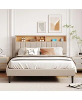 Slickblue Queen Size Upholstered Platform Bed with Storage Headboard and Usb Charging Port