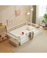 Slickblue Pine Fence Bed with Door and Board, Full Size for Children