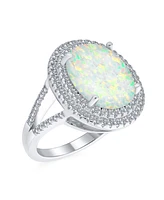 Bling Jewelry White Synthetic Opal Oval Split Shank Pave Cz Accent Double Halo Statement Ring Women .925 Sterling Silver