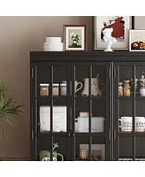 Famapy Black Wood Bookcase Storage Cabinet With Tempered Glass Doors