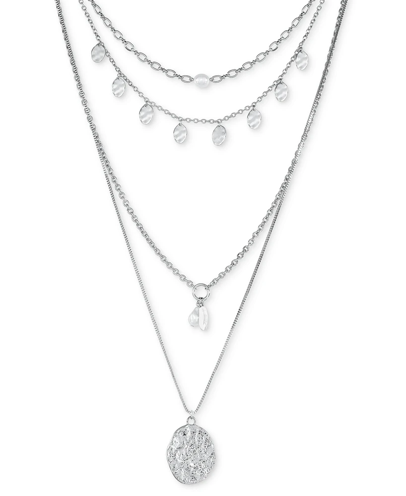 Style & Co Silver-Tone Hammered Oval & Imitation Pearl Layered Pendant Necklace, 16" + 3" extender, Created for Macy's