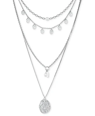 Style & Co Silver-Tone Hammered Oval & Imitation Pearl Layered Pendant Necklace, 16" + 3" extender, Created for Macy's