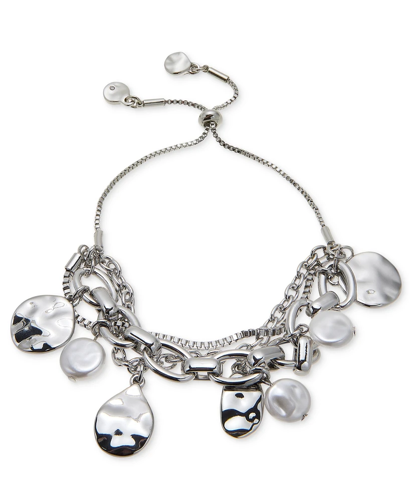 Style & Co Silver-Tone Hammered Oval & Imitation Pearl Shaky Slider Bracelet, Created for Macy's