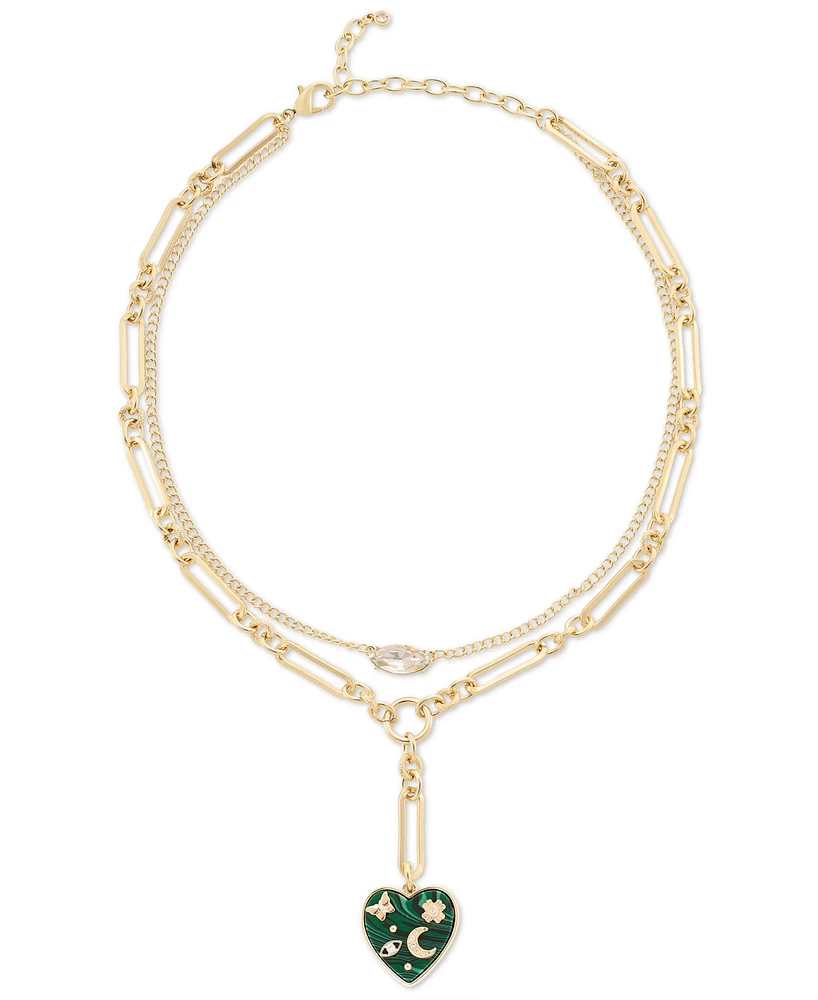 On 34th Gold-Tone Cubic Zirconia & Stone Heart Layered Lariat Necklace, 15" + 3" extender, Created for Macy's