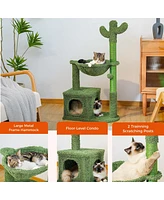 Slickblue Cactus Cat Tree – 40'' Cat Tower with Large Metal Carpet Hammock, Scratching Post, Condo, and Dangling Ball for Indoor Cats, Green