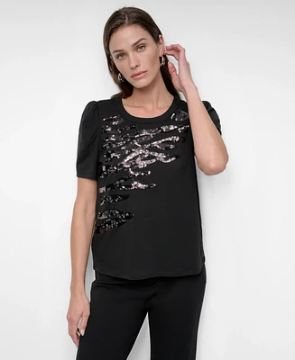 Dkny Women's Crewneck Sequin-Embellishment Short-Sleeve Top