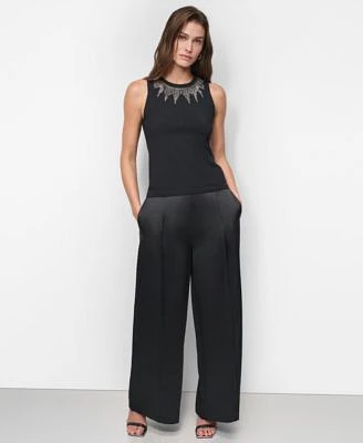 Dkny Womens Embellished Neck Sleeveless Sweater High Rise Wide Leg Pintuck Pants