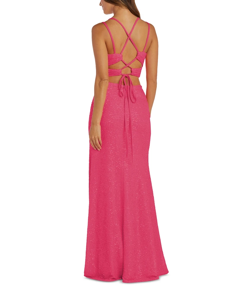 Morgan & Company Juniors' V-Neck Sequin Top Skirt Gown