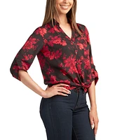 Bcx Juniors' Floral-Print Button-Down Roll-Tab Dobby Top