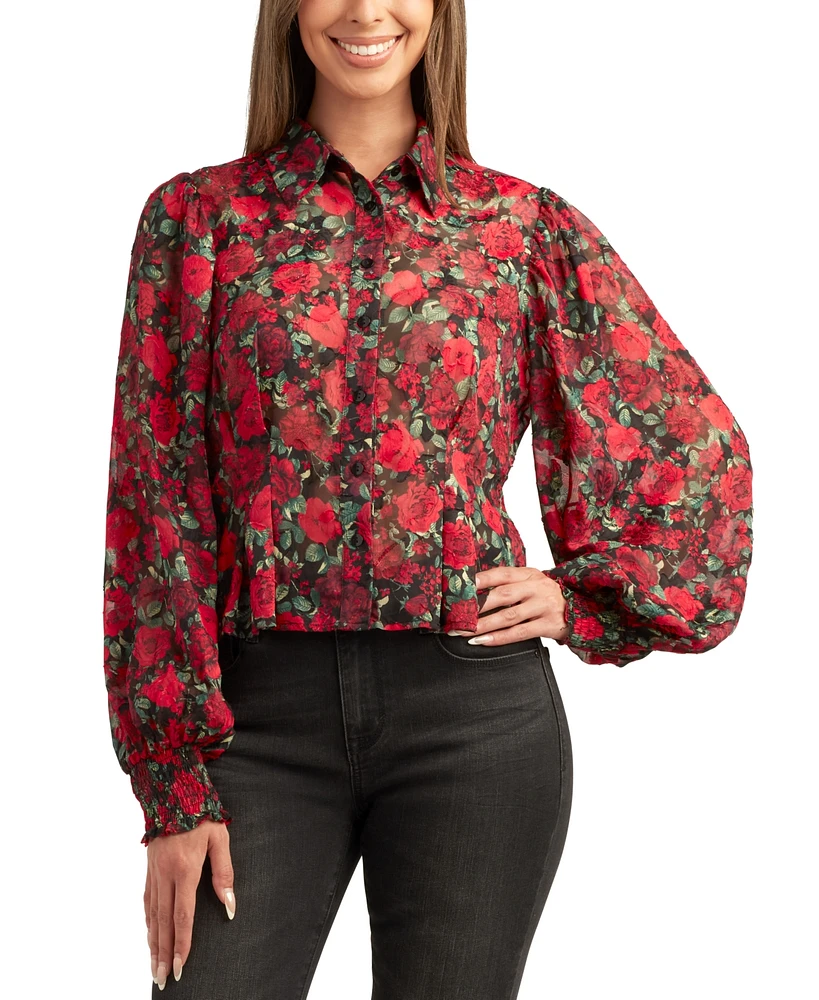 Bcx Juniors' Floral-Print Sheer Button-Down Bubble-Sleeve Top