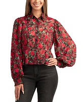 Bcx Juniors' Floral-Print Sheer Button-Down Bubble-Sleeve Top