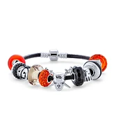 Bling Jewelry Cross Skull Ghost Pumpkin Black Orange Beads Halloween Theme Starter Beads Multi Charm Bracelet For Women Black Leather .925 Sterling Si