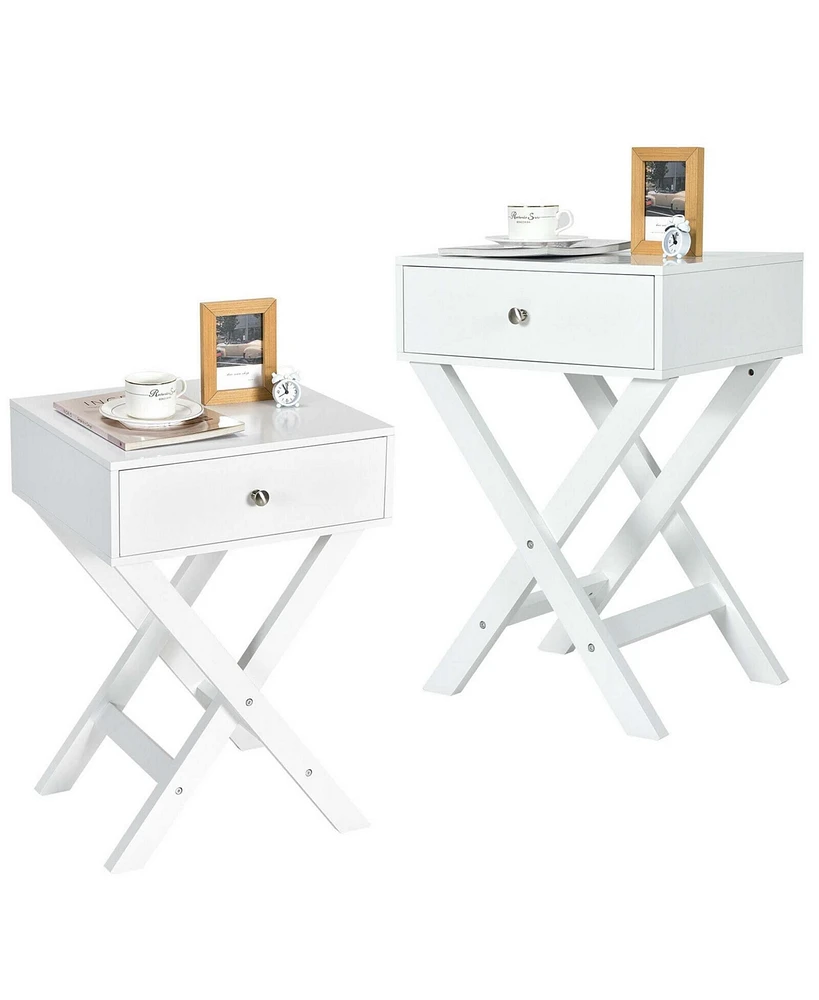 Gymax Set of 2 X-Shaped Nightstand Side End Table Bedside w/ Drawer White