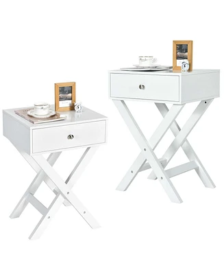 Gymax Set of 2 X-Shaped Nightstand Side End Table Bedside w/ Drawer White