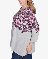 Ruby Rd. Plus Size Split Neck Floral Vine Placement Hatchi Knit Sharkbite Top