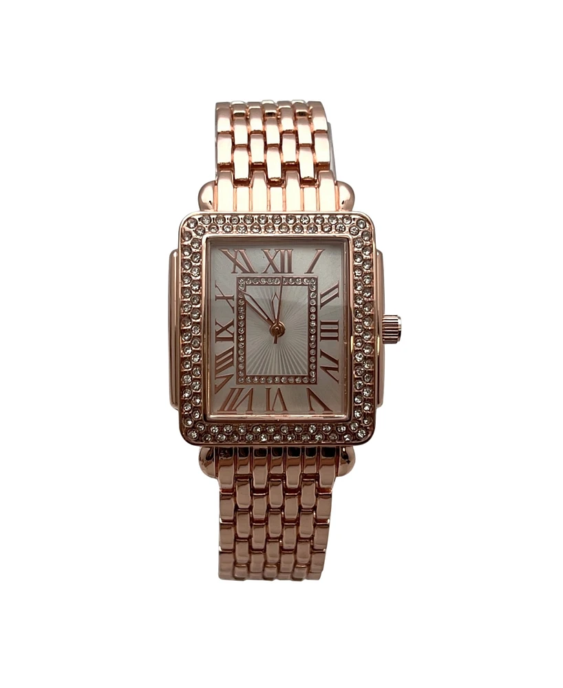 Olivia Pratt Rose Gold Square and Rhinestones Metal Band Women Watch