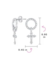 Bling Jewelry Classic Christian Religious Spiritual Eternal Circle & Fleur De Lis Dangle Cross Earrings For Women .925 Sterling Silver