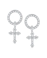 Bling Jewelry Classic Christian Religious Spiritual Eternal Circle & Fleur De Lis Dangle Cross Earrings For Women .925 Sterling Silver