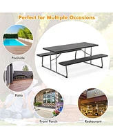 Costway Folding Picnic Table with Wood-like Tabletop, Umbrella Hole, 2 Benches for 8 Person
