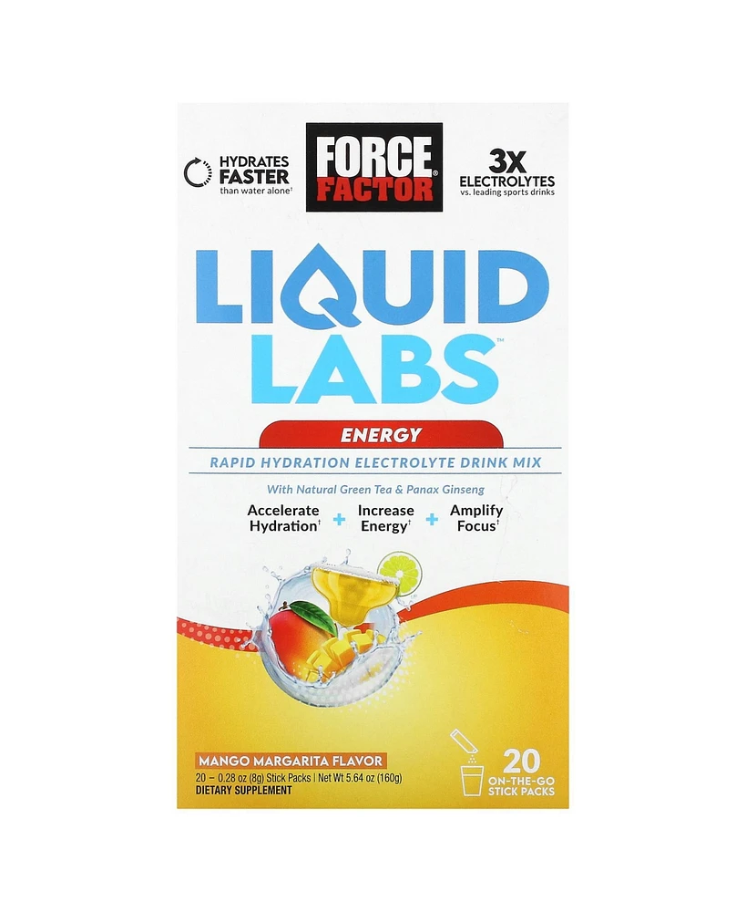 Force Factor Liquid Labs Energy Rapid Hydration Electrolyte Drink Mix Mango Margarita 20