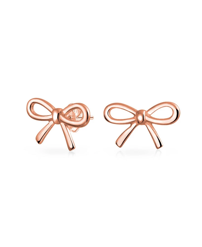 Bling Jewelry Delicate Simple Dainty Ribbon Birthday Present Bow Stud Earrings For Women Rose Gold Plated .925 Sterling Silver