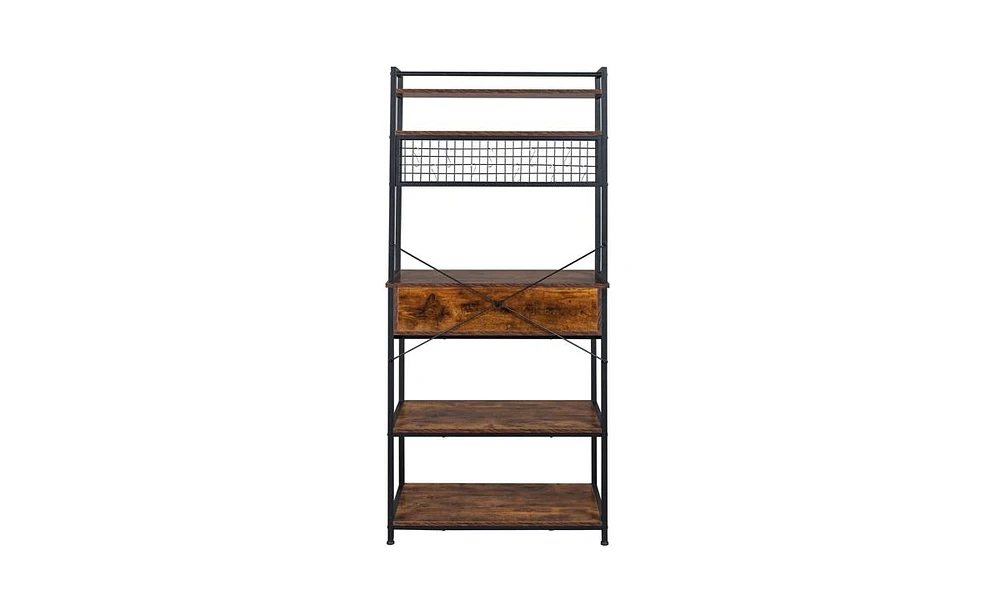 Slickblue 5-Tier Kitchen Bakers Rack – Rustic Brown, with 10 S-Shaped Hooks, 1 Drawer, and Industrial Microwave Oven Stand