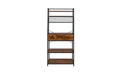 Slickblue 5-Tier Kitchen Bakers Rack – Rustic Brown, with 10 S-Shaped Hooks, 1 Drawer, and Industrial Microwave Oven Stand