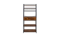 Slickblue 5-Tier Kitchen Bakers Rack – Rustic Brown, with 10 S-Shaped Hooks, 1 Drawer, and Industrial Microwave Oven Stand