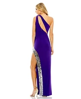 Mac Duggal Women's One Shoulder Cut Out Mirror Sequin High Slit Gown