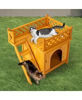 Slickblue 2-Story Wooden Feral Cat House & Dog House: Outdoor/Indoor Pet House with Stairs - Yellow