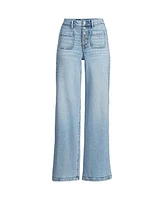 Lands' End Women's Denim High Rise Button Front Patch Pocket Wide Leg Jeans