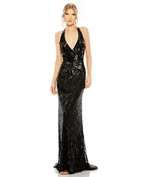 Mac Duggal Women's Sleeveless Faux Wrap Sequin Embellished Cut Out Back