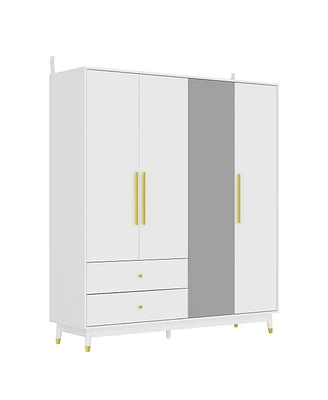 Famapy White Armoire Wardrobe with Mirrored Door, Hanging, Shelves and Drawers