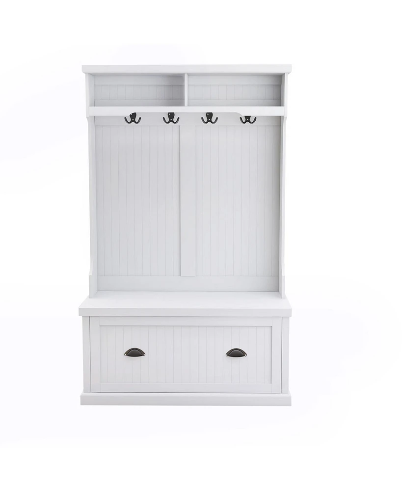 Slickblue Entryway Hall Tree with Coat Rack: 4 Hooks, Storage Bench & Shoe Cabinet - White