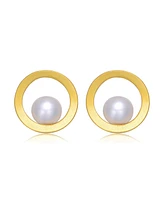 Genevive Sterling Silver 14k Gold Plated with Genuine Freshwater Round Pearl Stud Earrings