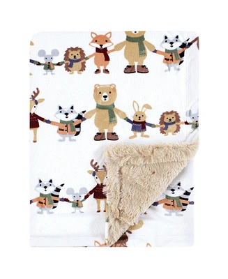 Hudson Baby Plush Blanket with Furry Binding and Back, Winter Woodland Friends, One Size