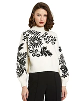 Mac Duggal Women's Balloon Sleeve Cropped Mock Neck Knit Sweater