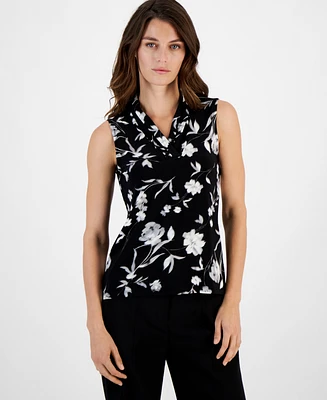 Anne Klein Women's Pleated-Neck Printed Sleeveless Top