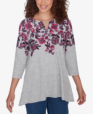 Ruby Rd. Petite Split Neck Floral Print Hatchi Knit Sharkbite Top with Bar Detail