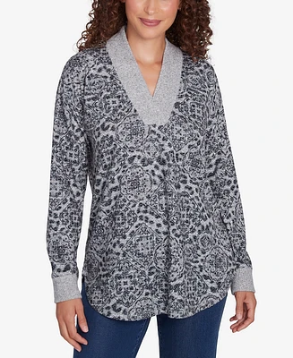 Ruby Rd. Petite V-Neck Leopard Medallion Printed Hatchi Knit Top with Solid Rib Trim