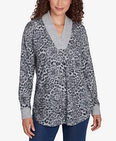 Ruby Rd. Petite V-Neck Leopard Medallion Printed Hatchi Knit Top with Solid Rib Trim