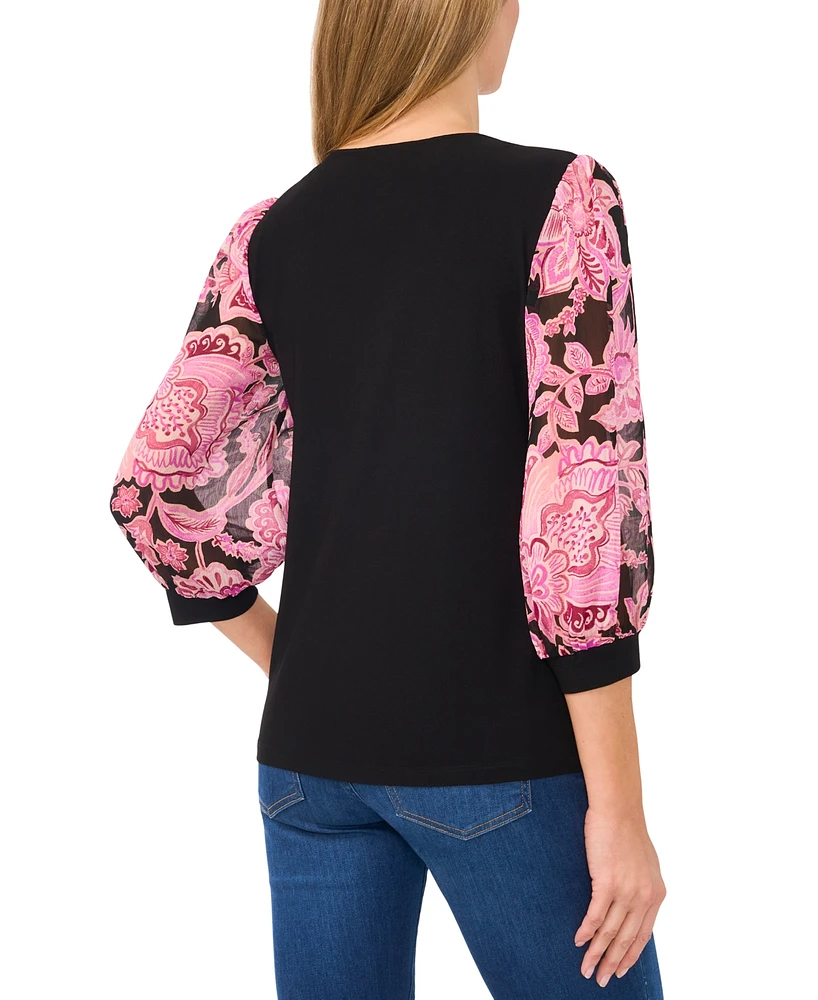CeCe Women's Puff-Sleeve Mixed-Media Top