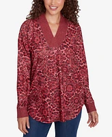 Ruby Rd. Petite V-Neck Leopard Medallion Printed Hatchi Knit Top with Solid Rib Trim