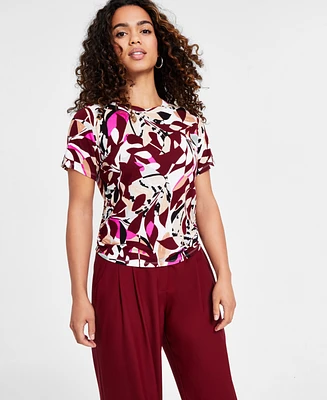 Bar Iii Petite Printed Short-Sleeve Side-Ruched Tee, Created for Macy's