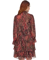 Tommy Hilfiger Women's Paisley Tie-Neck Tiered Dress