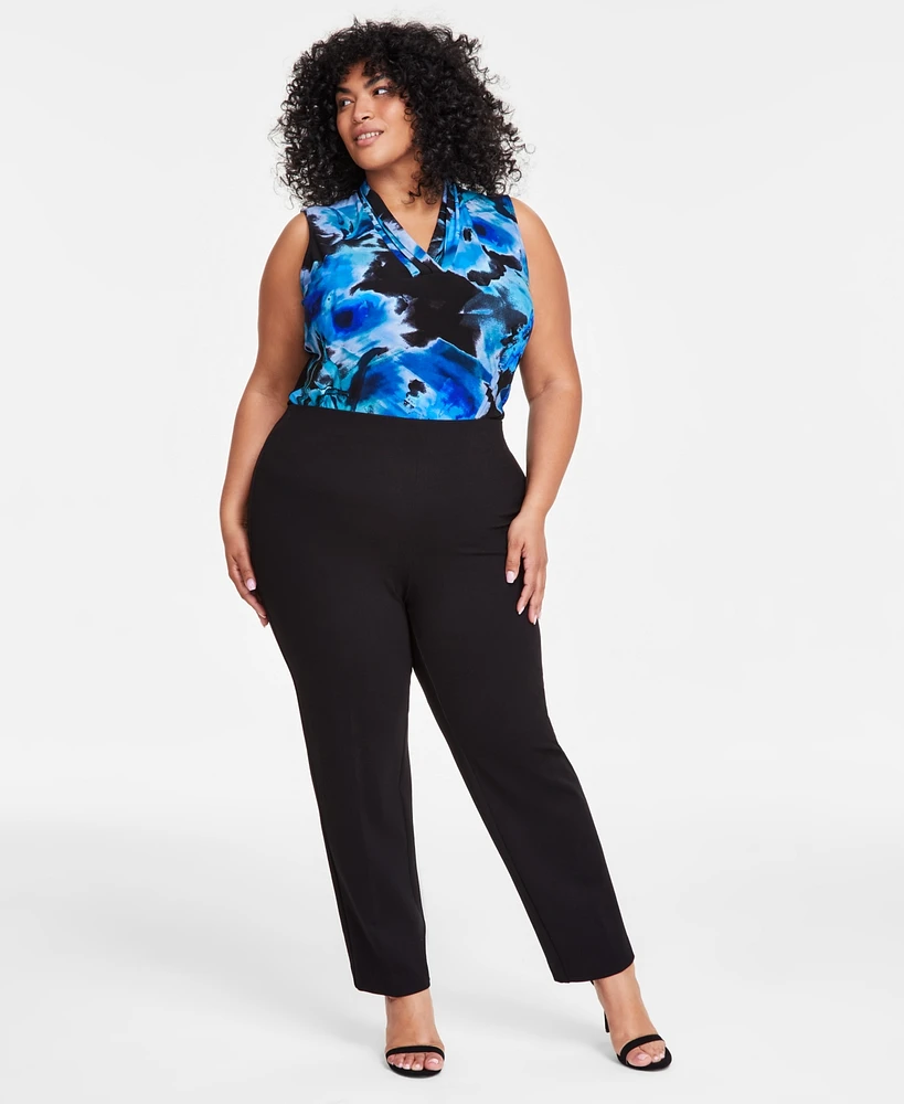 Anne Klein Plus Printed Triple-Pleat V-Neck Top